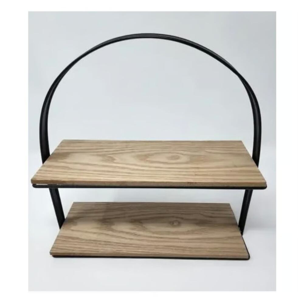 Tiered Tray Long Wooden with Black Handle